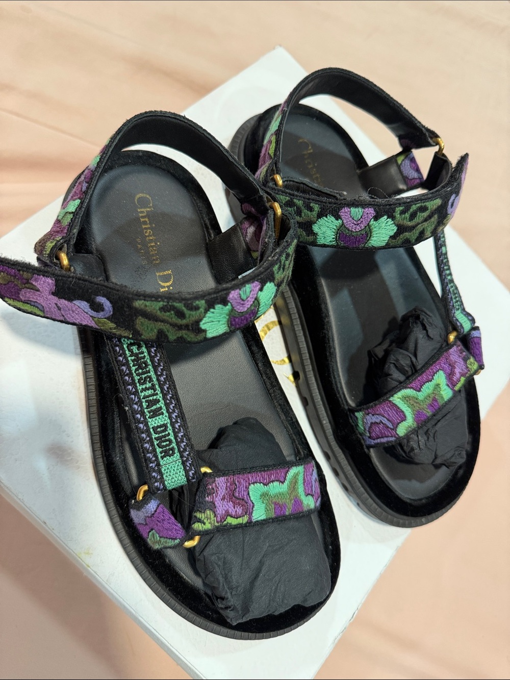 Dior Black Sandals with Purple and Green Embroidered Straps